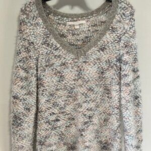 Lauren Conrad M Gray Knit V-Neck Long Sleeve Sweater Fuzzy Metallic Soft Cozy